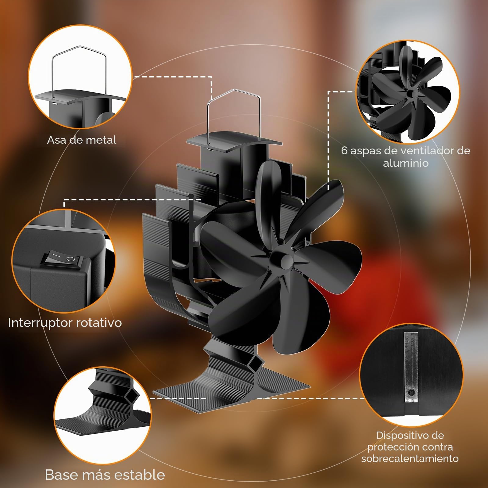 Gisam Ventilador de chimenea con 6 aspas y rotación de 60°, ventilador de estufa sin electricidad, funcionamiento silencioso, ventilador de estufa de leña para leña/quemador de leña/chimenea