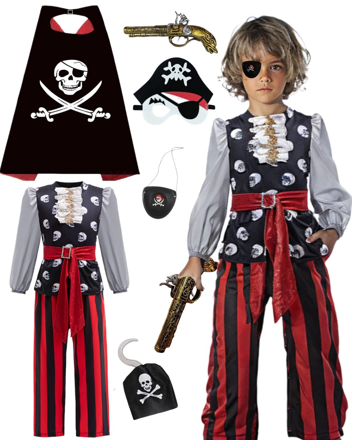 8 Pieces Pirate Costume Children's Pirate Costume with Blouse Trousers Eye Patch Pirate Belt Pirate Gun Pirate Cape Pirate Mask Pirate Hook Carnival Party Costume Children (100 cm)