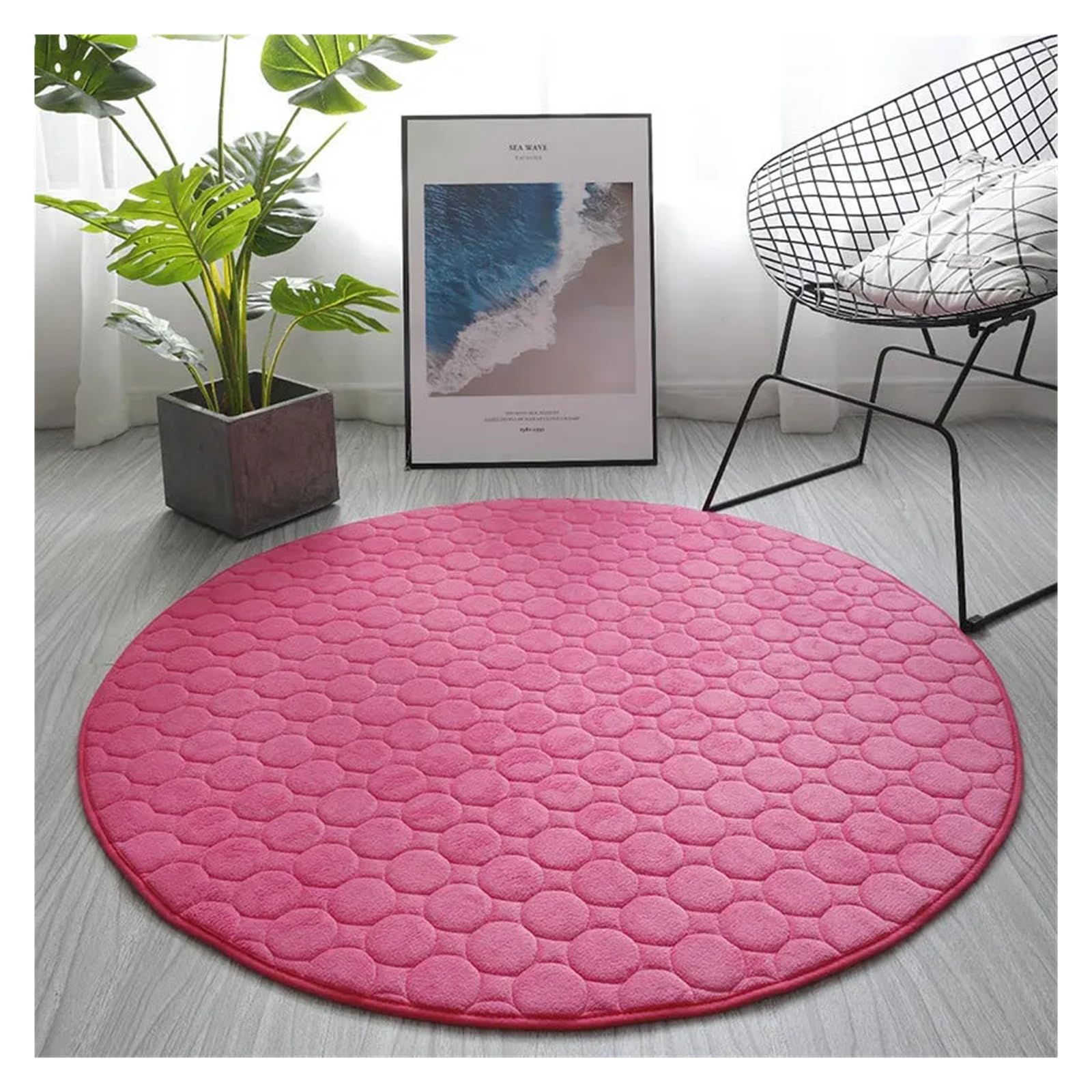 Tapis rond rose red en polaire corail matelassé de 200 cm pour salon et chambre
