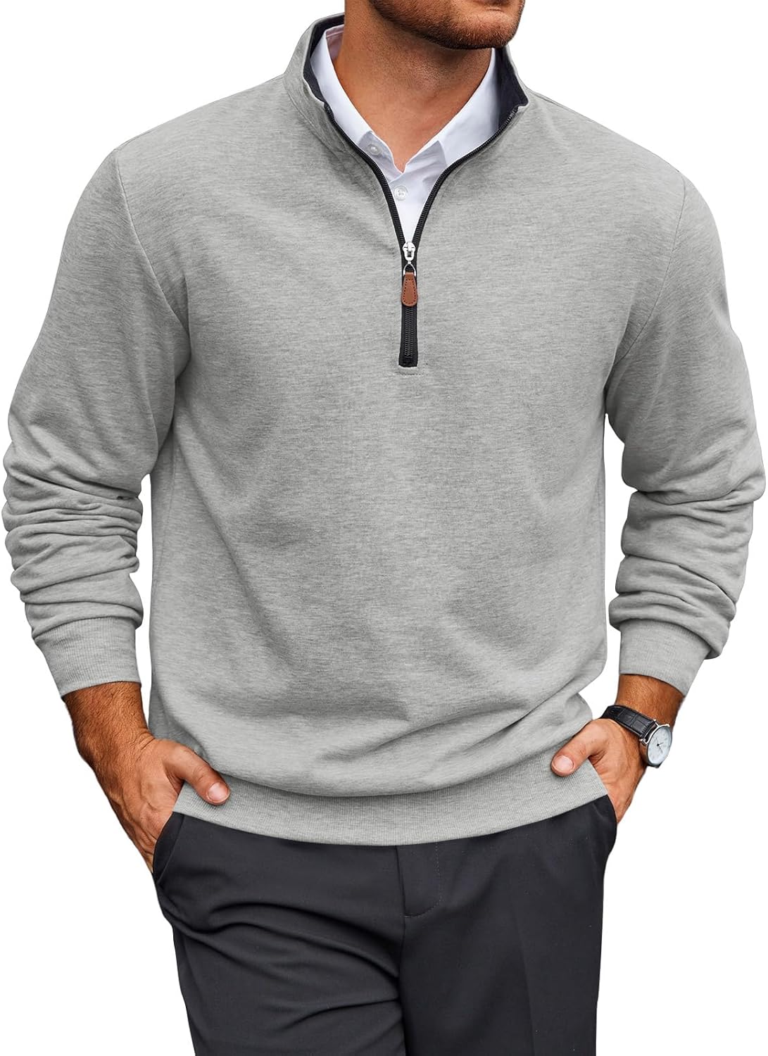 Yousify Mens Quarter Zip Pullover Mock Neck Long Sleeve Sweatshirts Casual Cotton Lightweight Golf Shirts