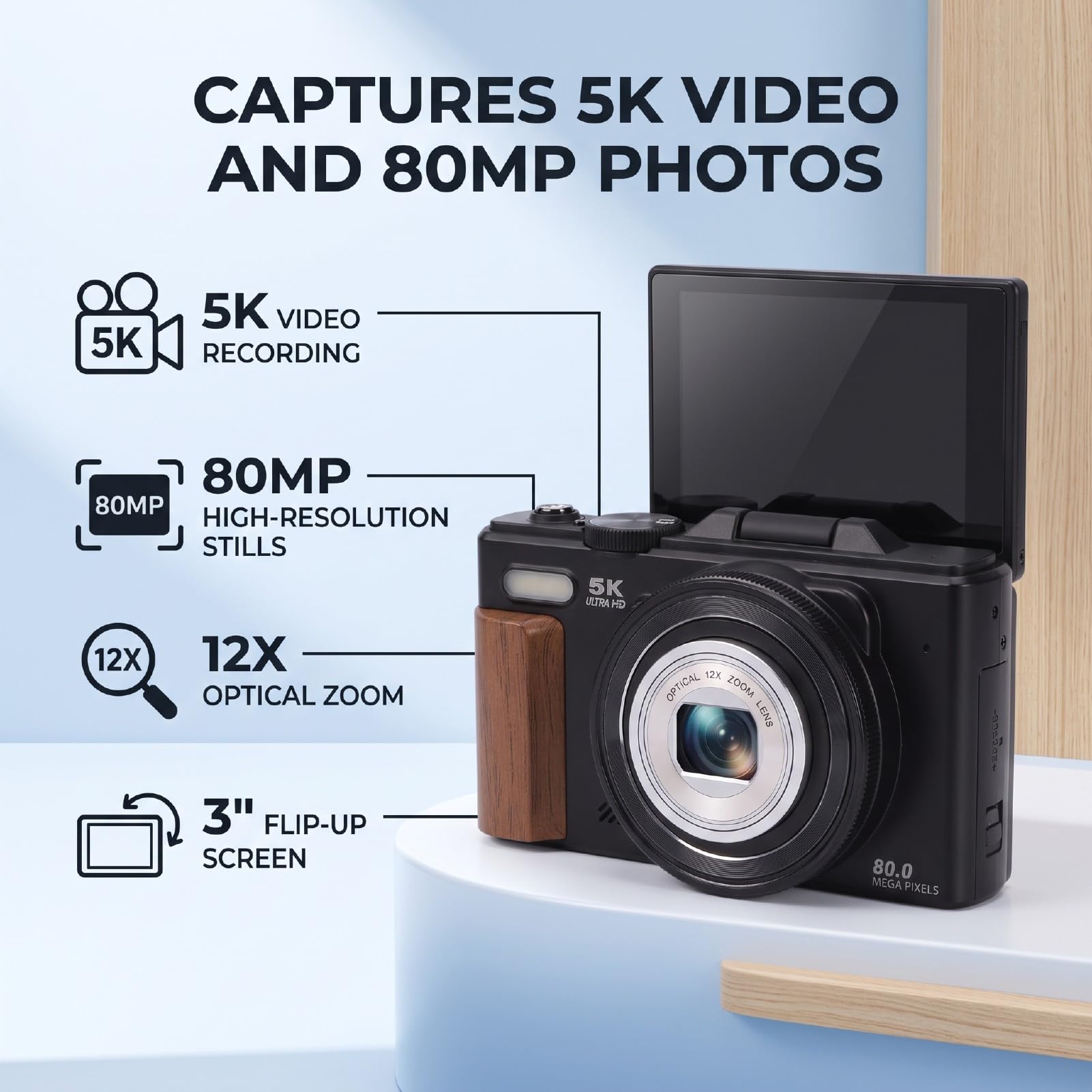 Bewinner Cámara Digital 5K para Vlogging de Fotografía de Viajes | Cámara sin espejo de 80MP con pantalla abatible 180 de 3 pulgadas, enfoque automático con zoom óptico de 12X, cámara WiFi
