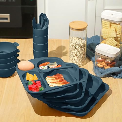 Miniatura 5 de Tanlade Juego de 24 cubiertos de paja de trigo, platos divididos, platos irrompibles, aptos para microondas, lavavajillas, cubiertos, cuchara,