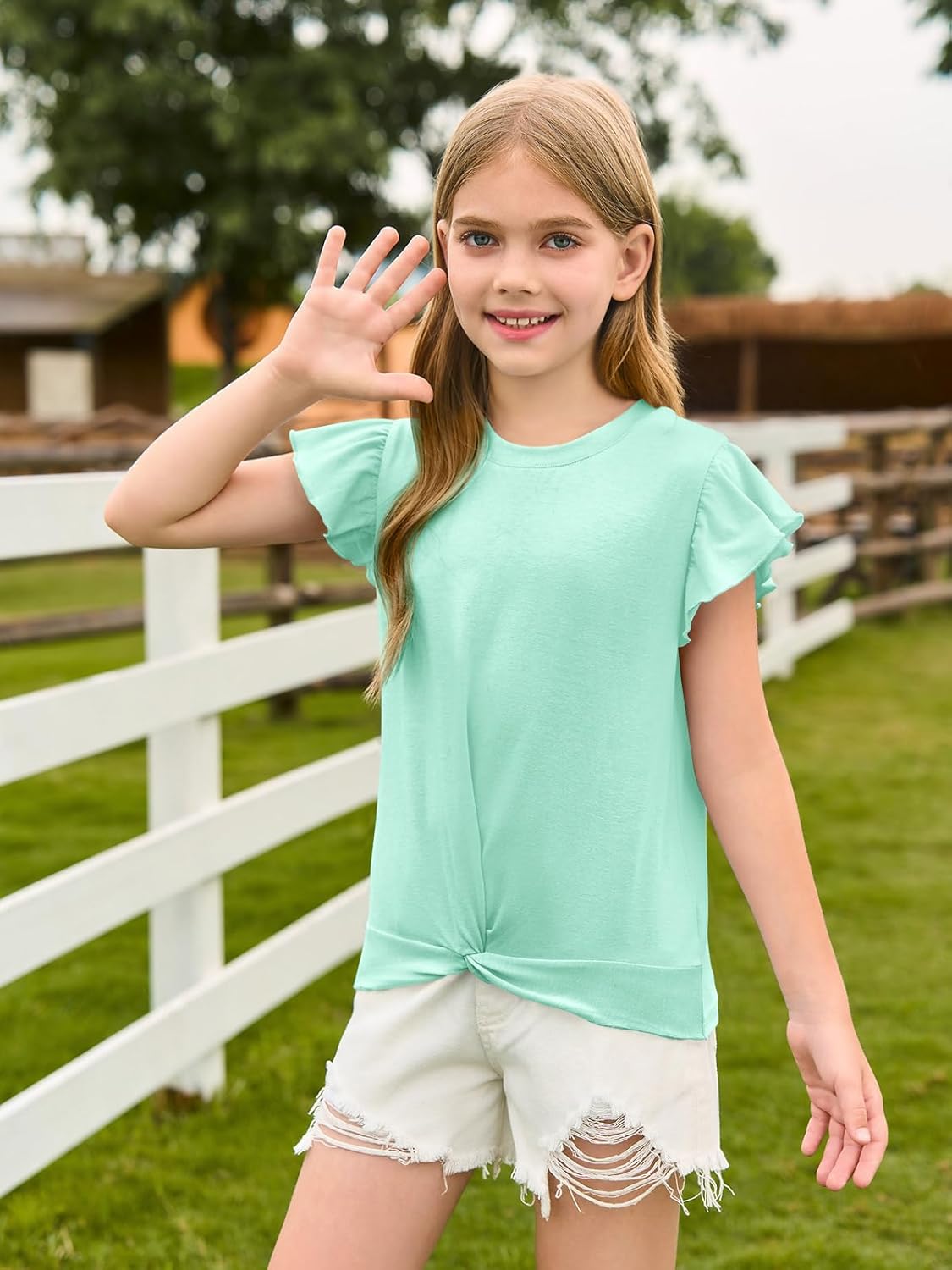 Haloumoning Girls T Shirts Ruffle Sleeve Twist Front Tshirts Summer Casual Crewneck Tees Tops 5-14 Years - Image 3