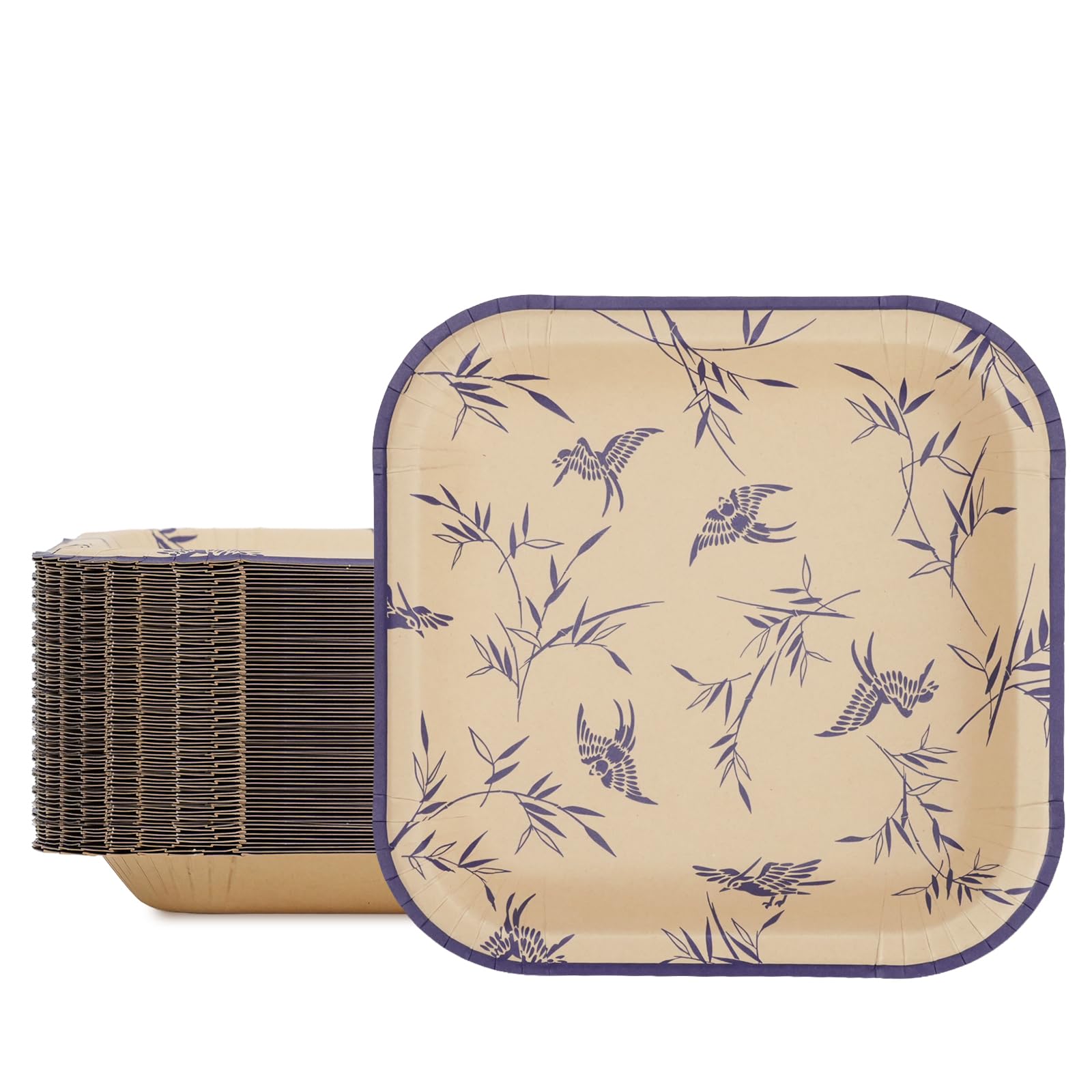 Cherypick Paper Plates 8.5 Inch/22 cm, 30 Pack Disposable Bamboo Pulp Square Plates with Bird Print, Heavy Duty, Cut-Resistant and Microwave Safe for Parties, BBQs, Picnics and Family Gatherings