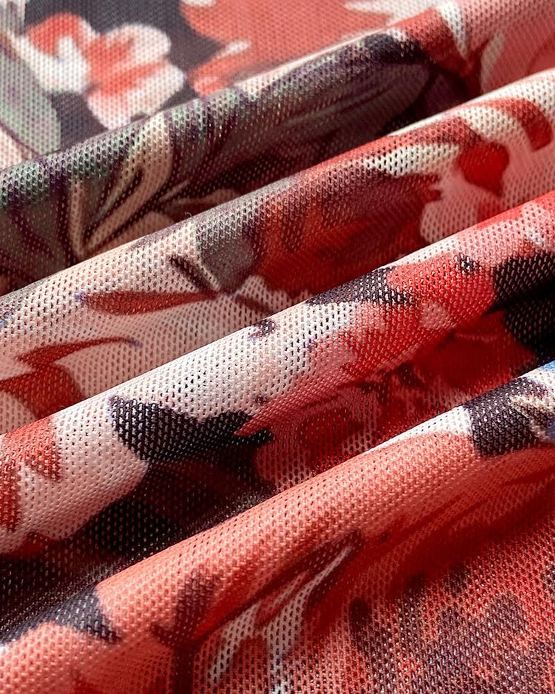 CHICME Womens Floral Mesh Long Sleeve Tops Crewneck See Through Fitted Shirts Sexy Sheer Going Out Blouses - Image 6