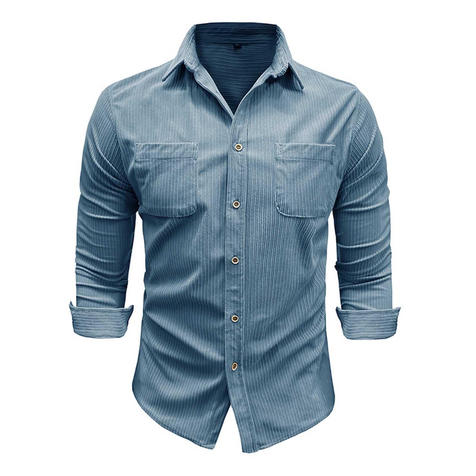 Camicia Uomo Collo Coreana-Camicia casual da uomo in velluto a coste, a maniche lunghe, vestibilità slim, tinta unita, con bottoni e taschino sul petto, per l'uso quotidiano in autunno e inverno.
