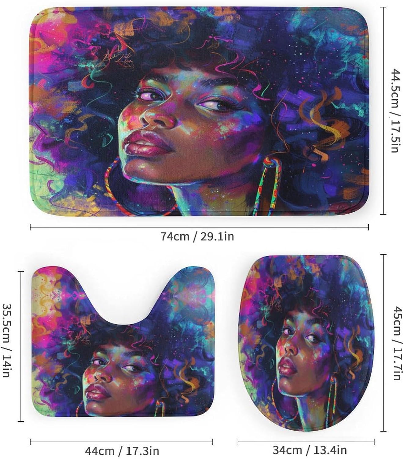 Watercolor African Black Woman Theme for Bathroom Shower Curtains Sets with Rugs 4Pcs,Modern Colorful Painting Art Aesthetic African Black Girl Prints Shower Curtains Sets (12Hooks)