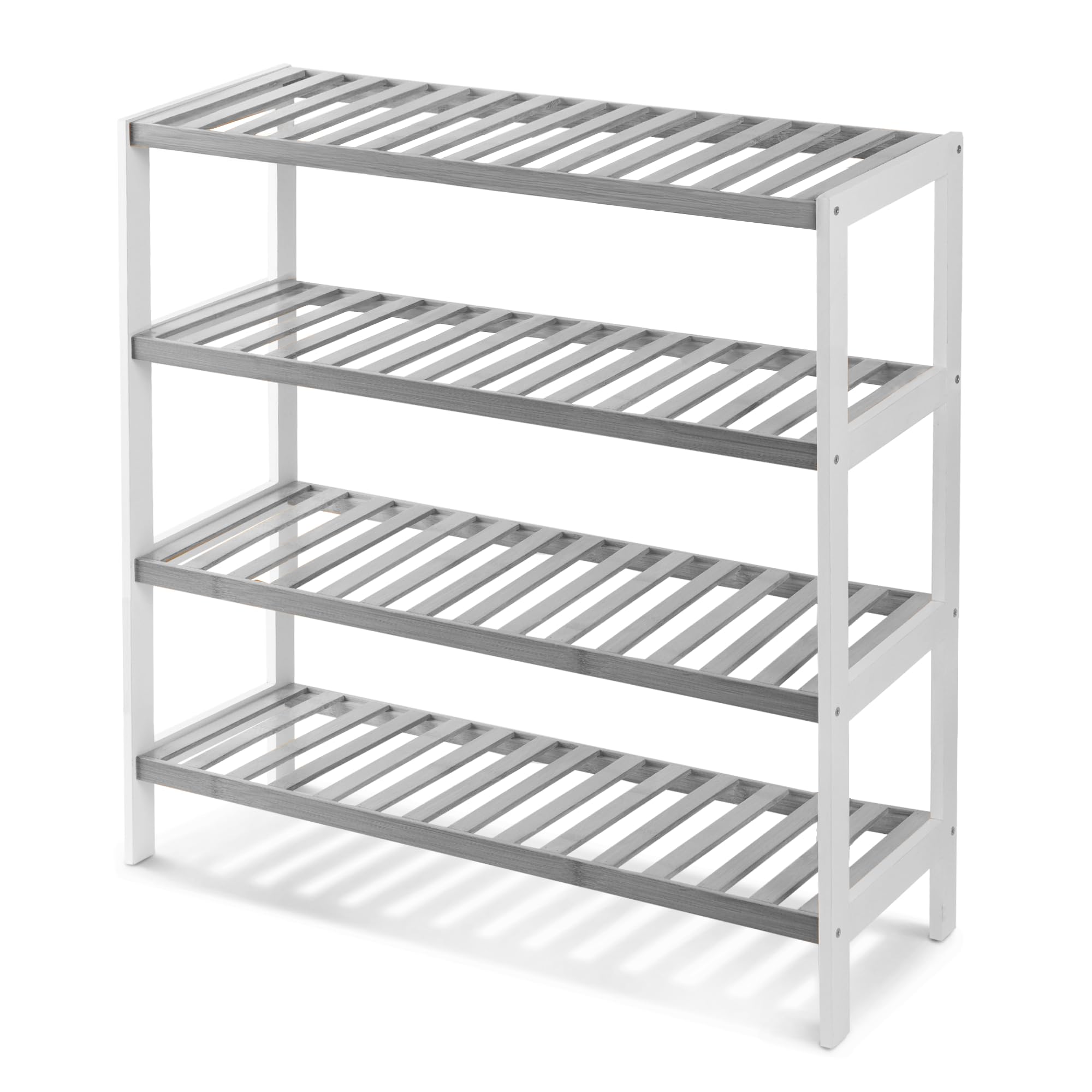 KEPLIN Natural Bamboo Shoe Rack Easy Assembly & Strong Design Shelf Organiser Ideal for Bedroom, Bathroom, Hallway & Small Spaces Capacity Up to 12 Pairs of Shoes (Grey/White, 4 Tier) (70x67x25cm)