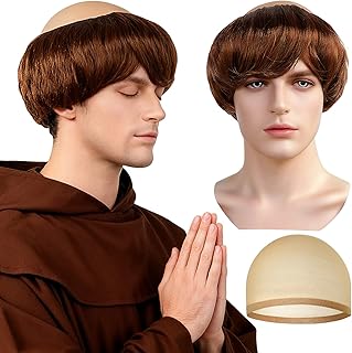 Brown Monk Wig Funny Wigs for Men Halloween Costume Cosplay, Short Bald Hair Monk Friar Costume with Hair Cap for Adult Cosplay Party Fancy Dress Anime Movie Christmas Themed Party Outfit