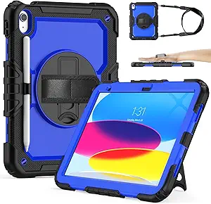 SIBEITU Case for ipad (A16) 11th/ 10th Generation10.9 Inch 2025/2022 with Screen Protector, Heavy Duty iPad Rugged Shockproof Cover with Stand & Strap for iPad 11/10 Gen Case, Blue