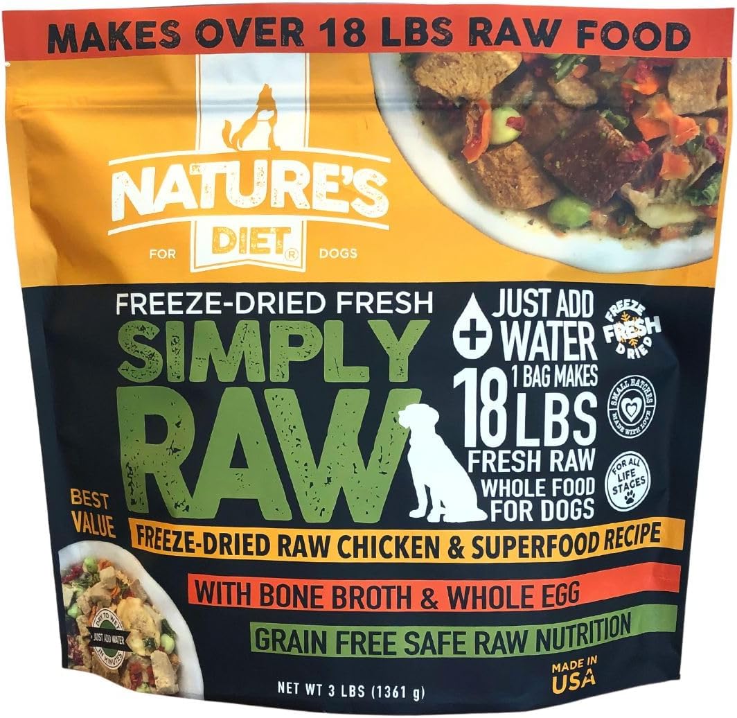 Nature's Diet Simply Raw® Freeze-Dried Raw Whole Food Meal - Makes 18 Lbs Fresh Raw Food With Muscle, Organ, Bone Broth, Whole Egg, Superfoods, Fish Oil Omega 3, 6, 9, Probiotics, Prebiotics (Chicken)