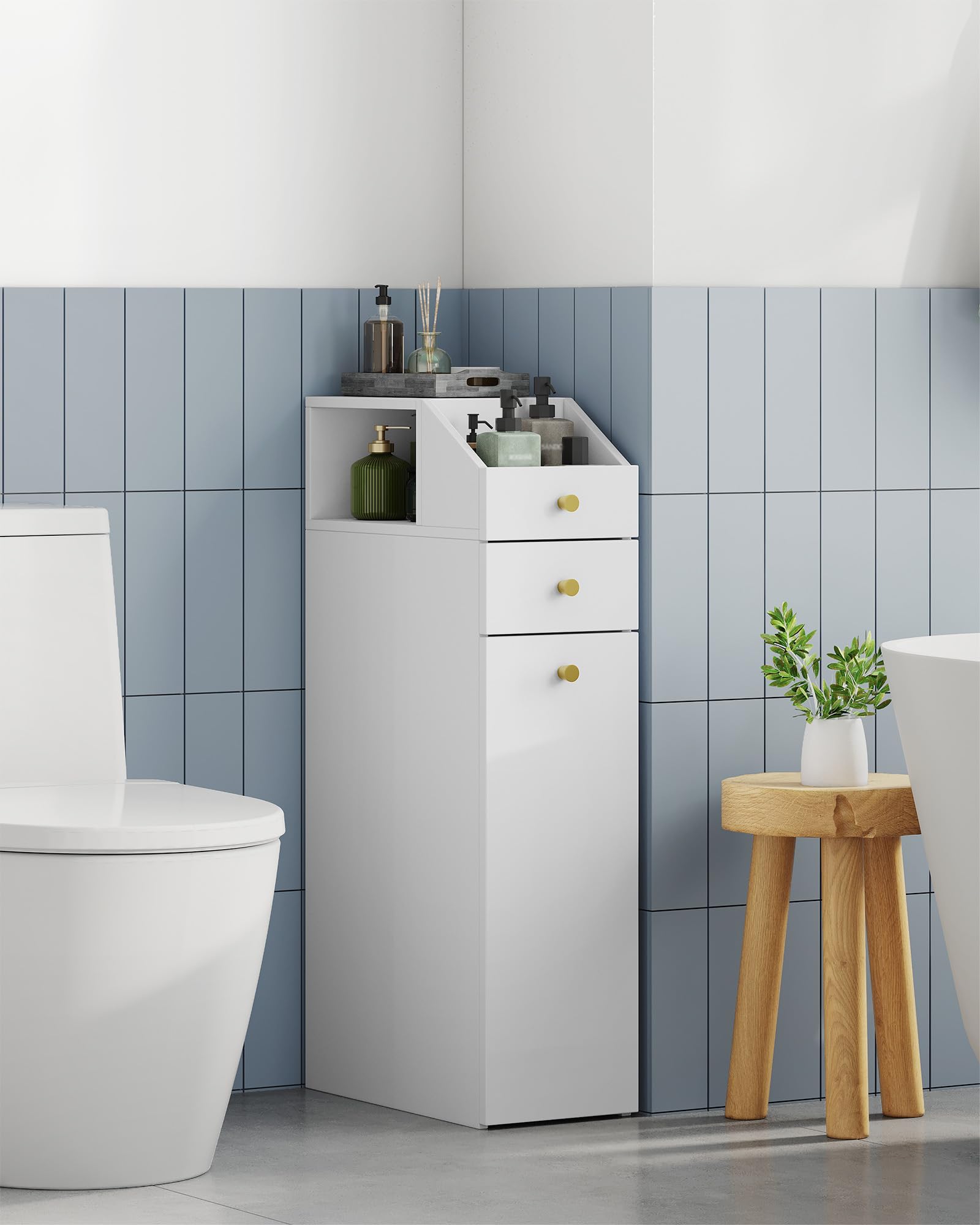 Hzuaneri Meuble de Salle de Bain Haut, Armoire de Rangement Fin, Blanc | avec 2 Compartiments Ouverts, 2 Tiroirs et roulettes, Meuble de Cuisine, pour Petits Espaces, 40 x 20 x 80 cm, BC22003W