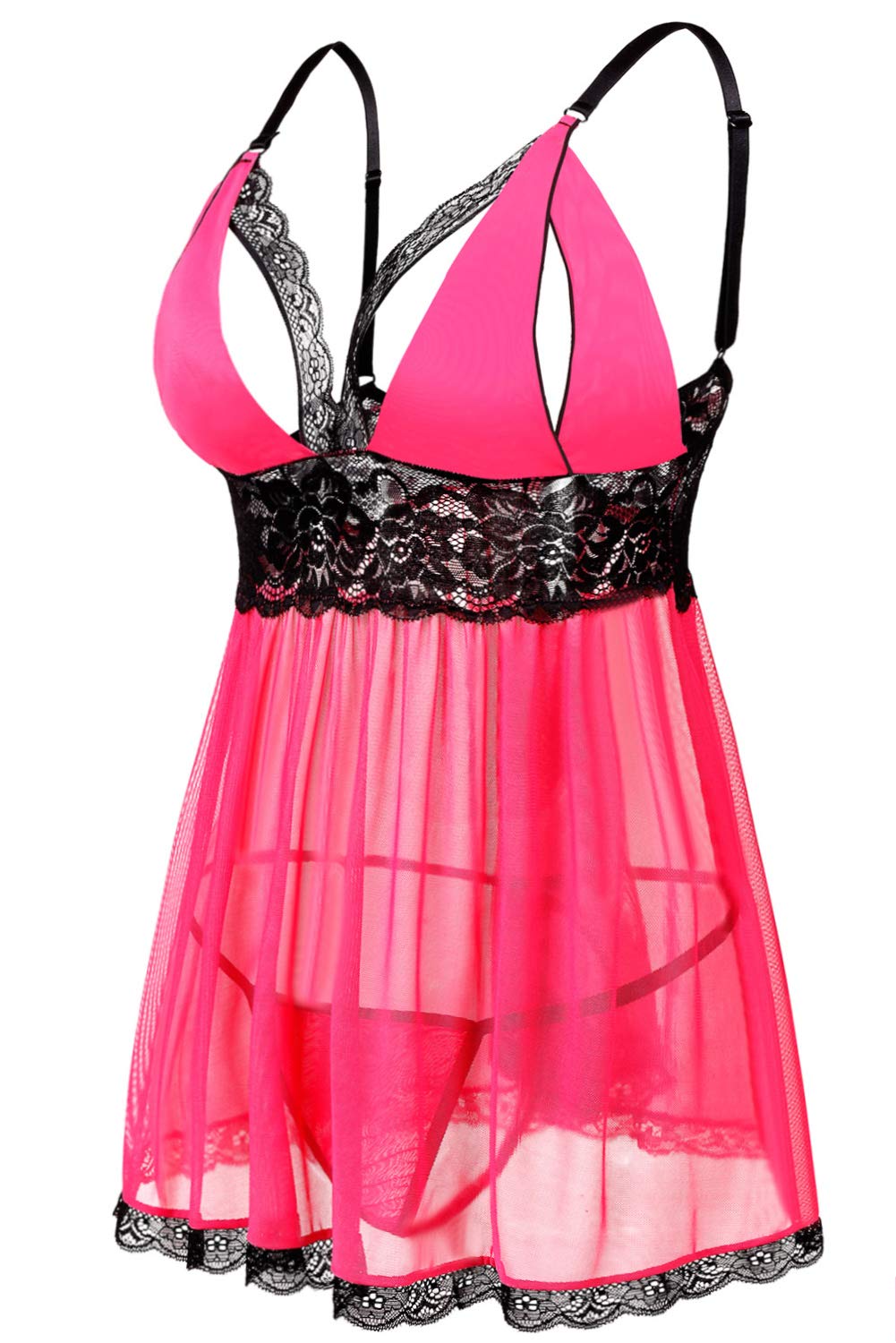 Donnalla Plus Size Babydoll Lingerie Set for Women Sexy Mesh Lace Nightwear Adjustable Straps V Neck Chemise with Panty: Medium Pink