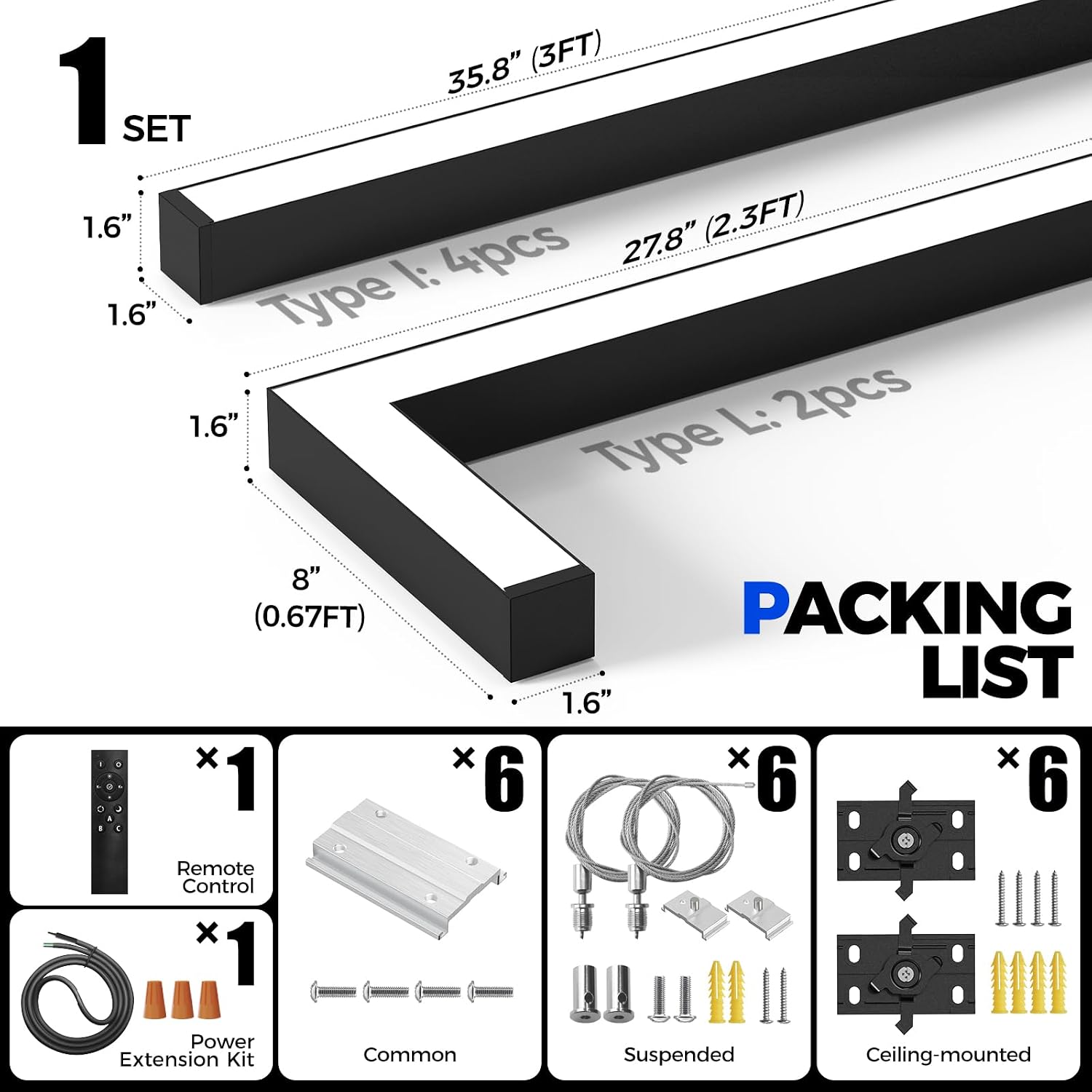 Image showing the packing list for the Barrina LED Linear Light, including remote control, power extension kit, common clips, suspension cables, and ceiling-mounted brackets.