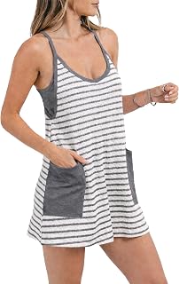 Womens Athletic Sundress with Built-in Shorts Golf Tennis Romper | Sleeveless Mini Spaghetti Strap dress Functional side pockets tummy-friendly fit casual beach vacation