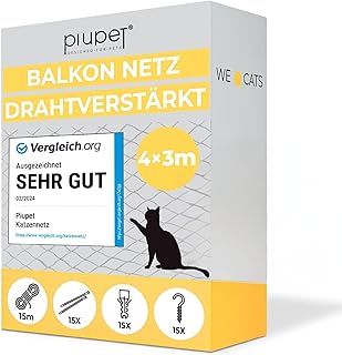 PiuPet® Katzennetz Drahtverstärkt I 4x3m I schwarz I Befestigungsset inklusive I Katzennetz für Balkon | Katzengitter Fenster | Katzen Fensterschutz