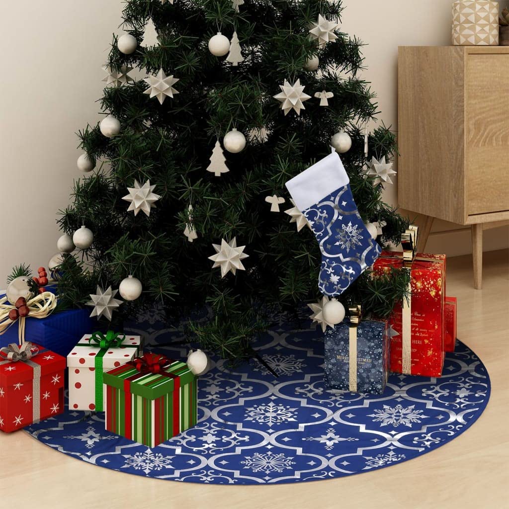 Mangloder Couverture de sapin de Noël en tissu bleu 122 cm avec chaussette et motif neige, couverture de sapin de Noël, jupe de sapin de Noël, jupe de sapin pour support de sapin de Noël, salon