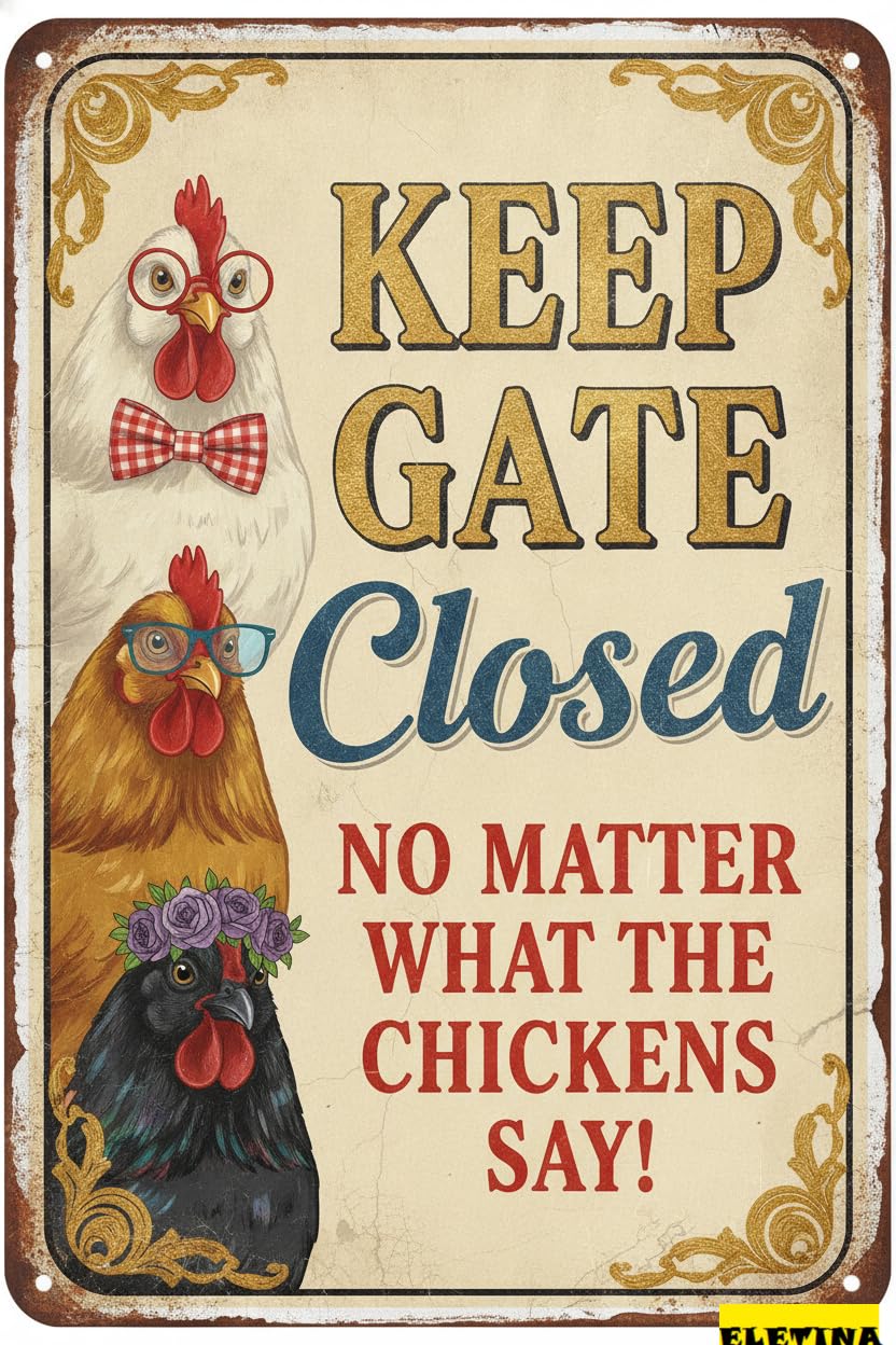 Keep Gate Closed Chicken Warning Tin Sign, 8x12 Inch