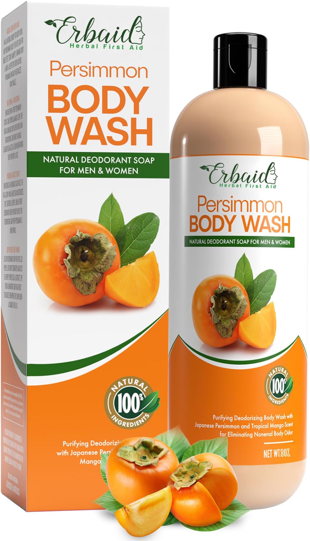 Erbaid Persimmon Body Wash for Body Odor Control โ Purifying Deodorizing Soap for Eliminating Body Odor โ Underarms, Intimate Inner Thigh, Bikini Area, Smelly Feet โ Natural Deodorant Soap