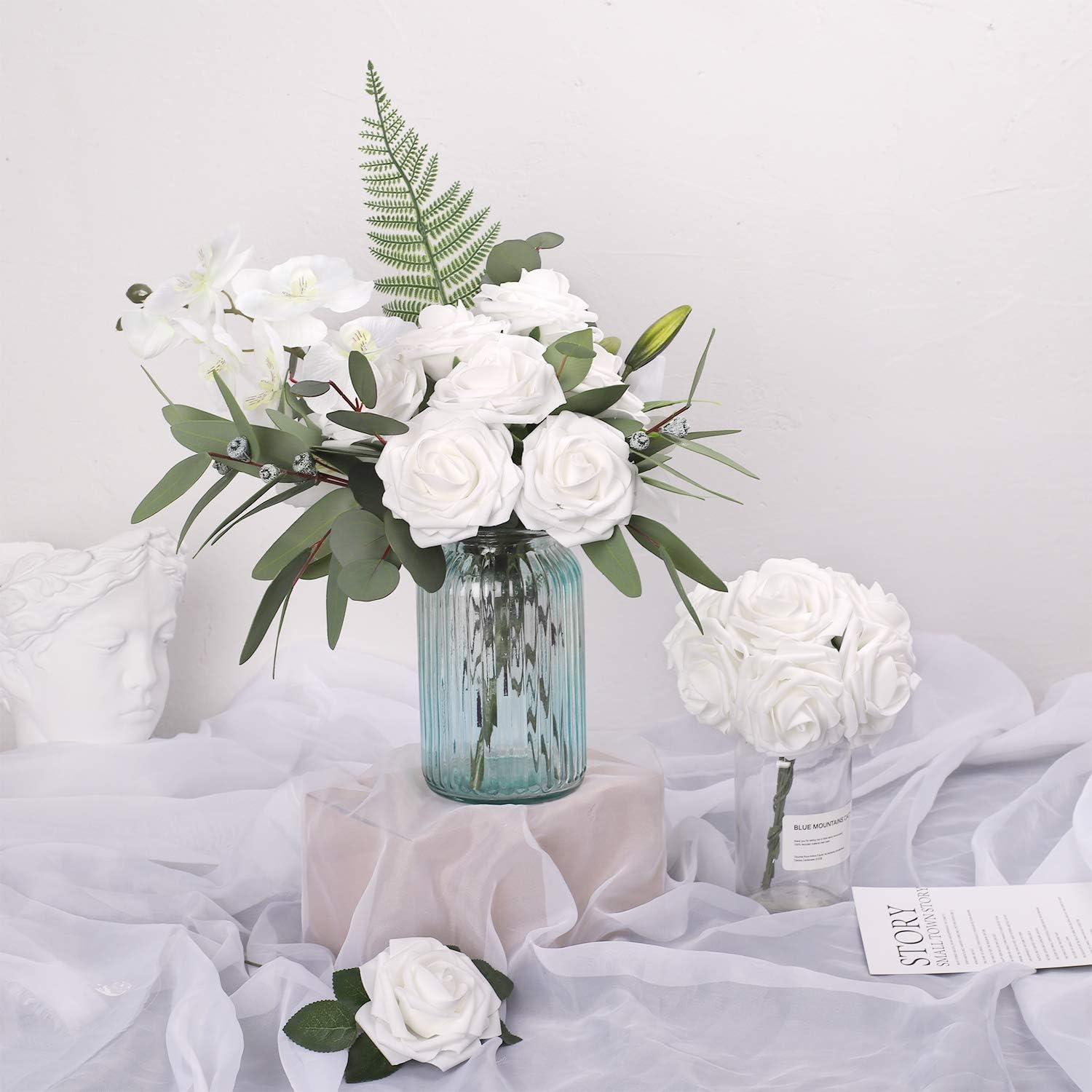 HOHOTIME Large Artificial Flowers 42pcs, 3.75 inches Real Touch Roses, Foam Roses with Leaves and Stems for Decoration Crafts Wedding DIY Bridal Shower Party Home Decor