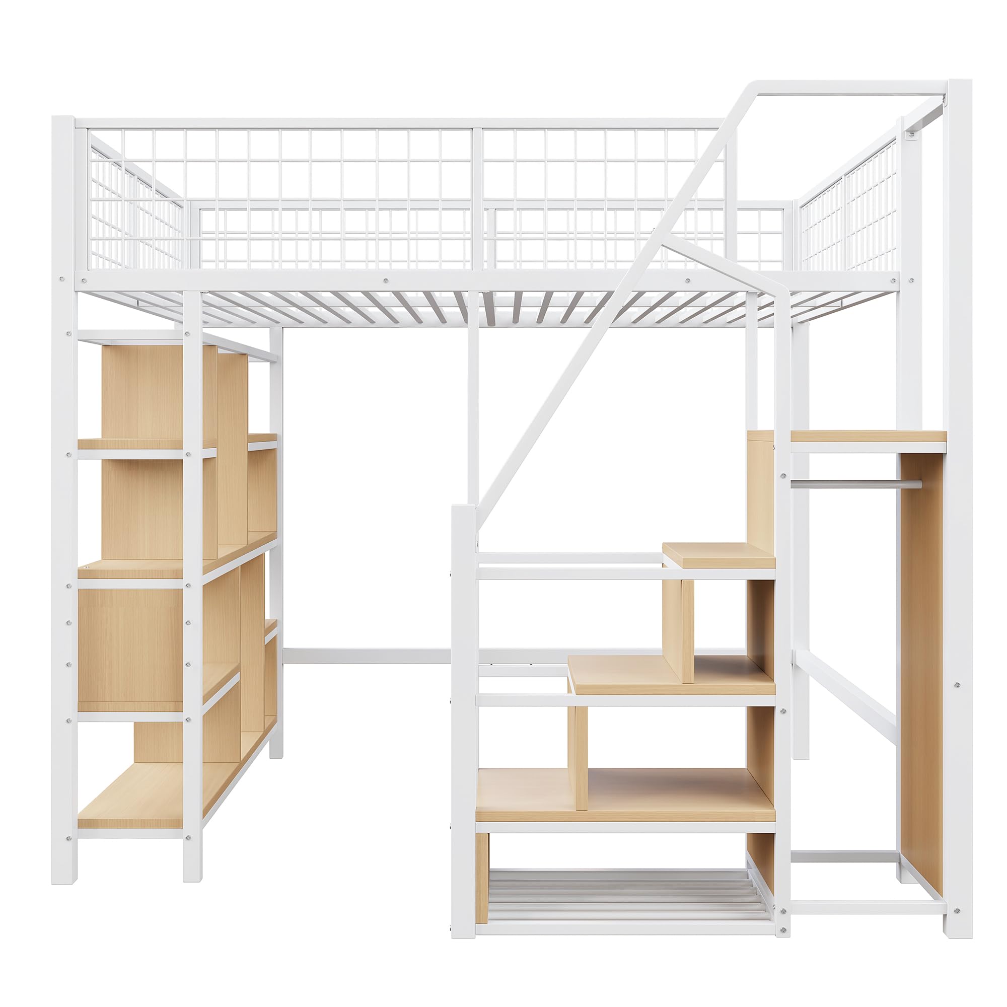 Merax Métal Lit Mezzanine 140 x 200 cm avec Étagère, Multifonctionnel Lit Mezzanine 2 Place avec Espace de Stockage, pour Enfant, Blanc (sans Matelas)