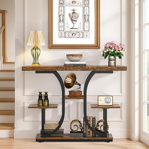 Miniatura 3 de ikkle Mesa de consola de 42.5 pulgadas, mesa industrial de 4 niveles para sofá con base curva, mesas decorativas de madera estrechas con estantes de