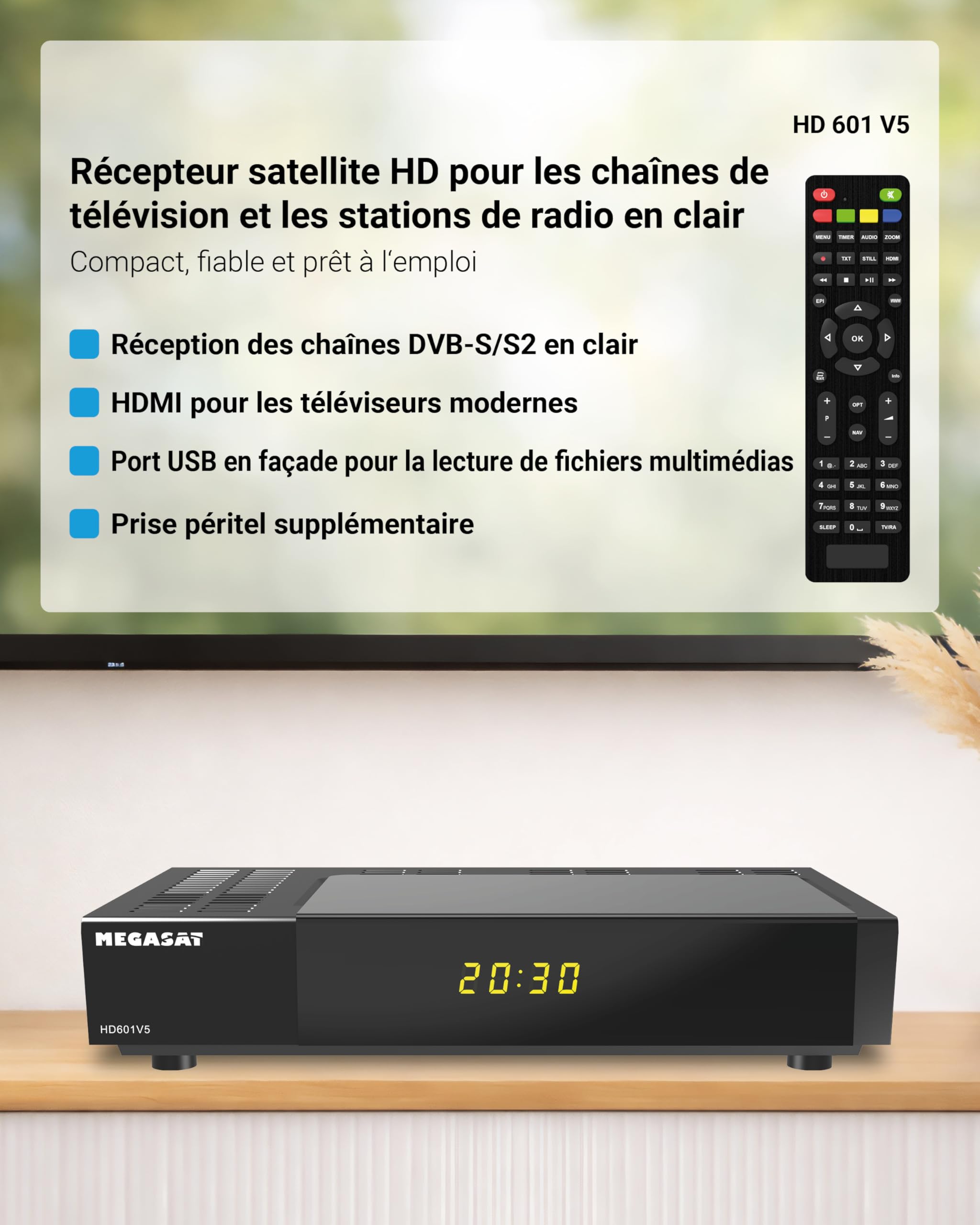 Megasat HD 601 V5 – Récepteur Satellite HD, HDMI, Péritel (SCART) – Noir | Pour toutes les chaînes en clair, lecteur multimédia USB, écran