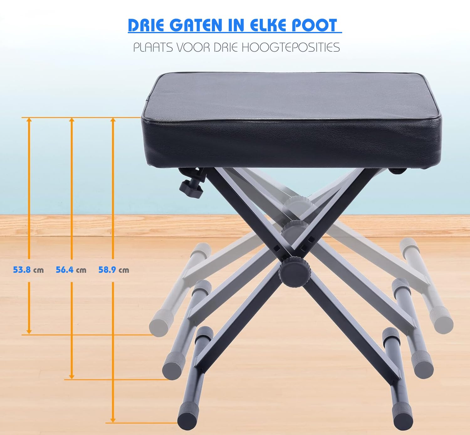 Pyle Pianobank, Verstelbare Hoogte, Comfortabele Keyboardstoel, X – Pianokruk, Antislip Rubberen Poten, Opvouwbaar, Zwart
