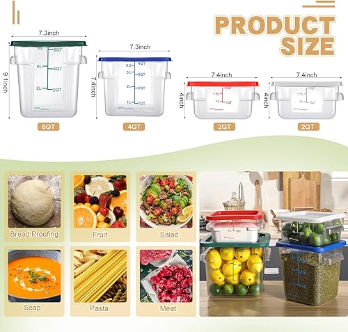 Miniatura 2 de Huwena Juego de 4 recipientes de almacenamiento de alimentos con tapas, recipientes cuadrados transparentes con básculas y asas para masa a prueba