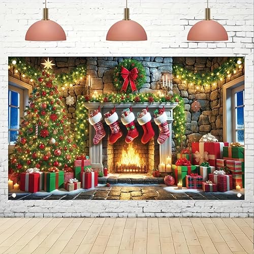 Miniatura 4 de Cartel navideño para chimenea de 71 x 43 pulgadas, caja de regalo, decoración de fondo de fotografía para fiestas de vacaciones