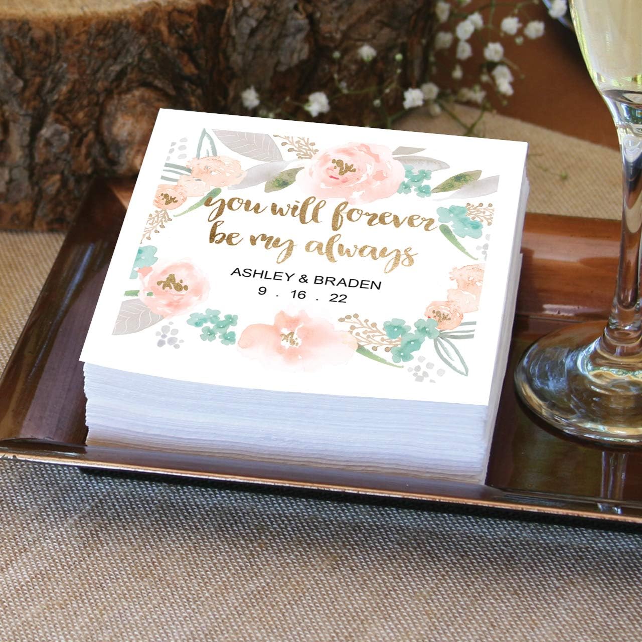 Forever And Always Personalized Beverage Napkins / 100 Custom Printed White Uncoined Cocktail Napkins / 4 3/4" x 4 3/4" Folded 3 Ply Napkins/Made In The USA