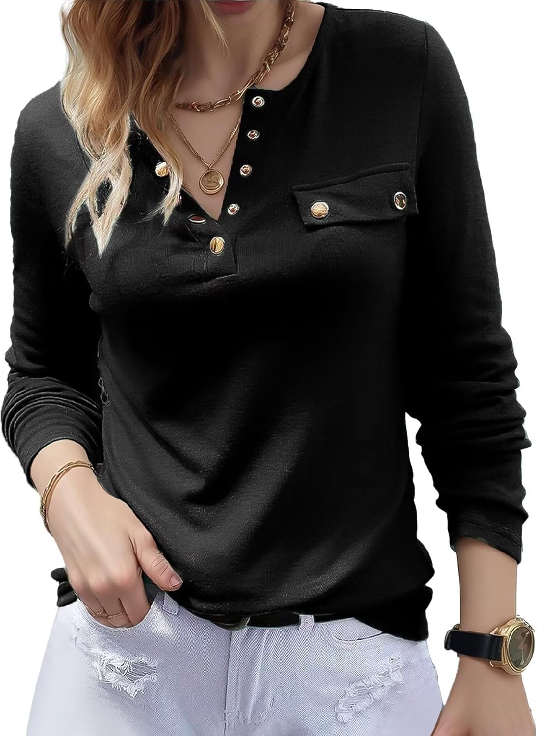 Flamingals Women's Long Sleeve Henley Shirts V Neck Solid Button Up Solid Business Casual Tops 2025 Fall Fashion