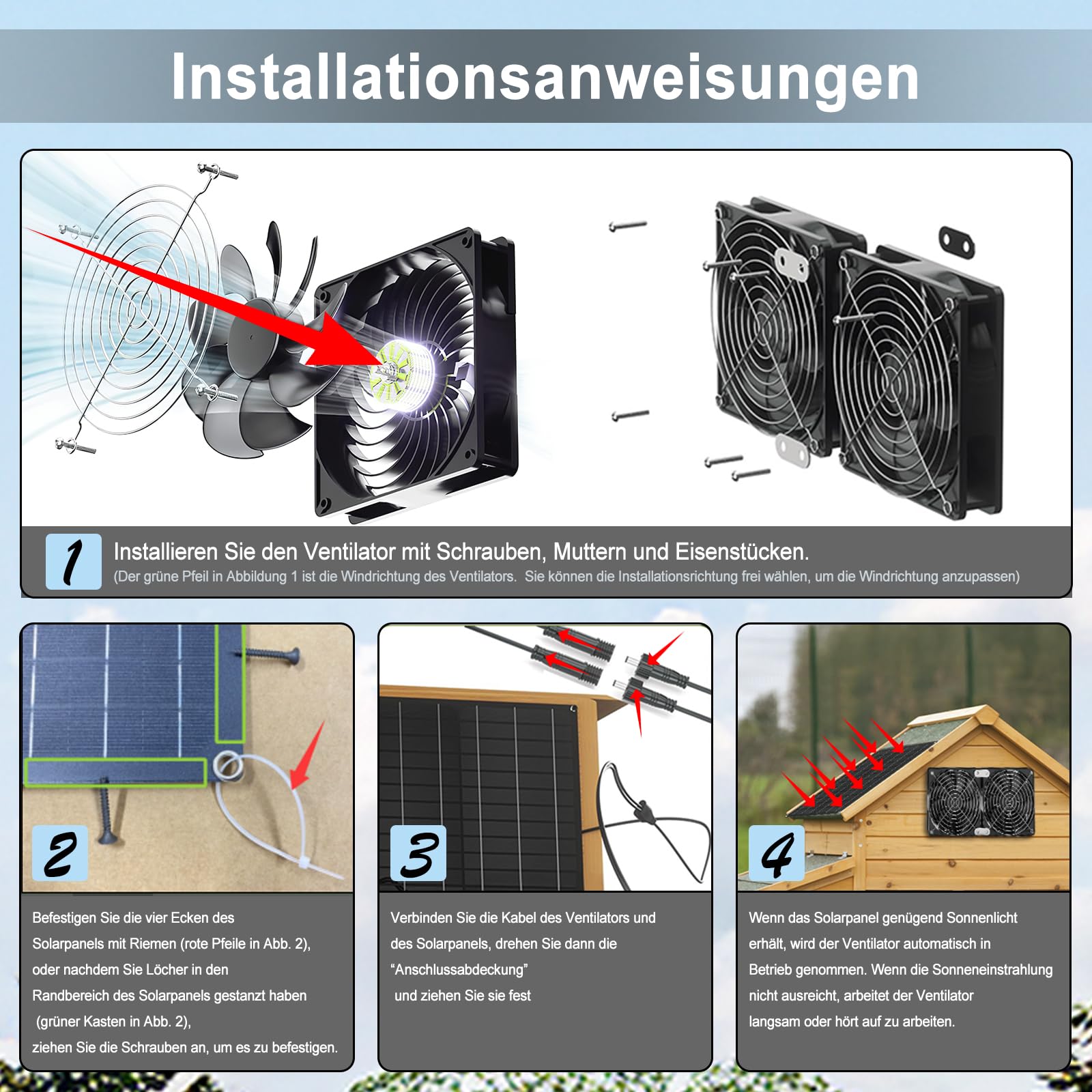 Ventilatore solare, 15 W, a energia solare, doppio ventilatore di scarico, impermeabile, ventilatore solare per pollaio, serre, case per animali domestici