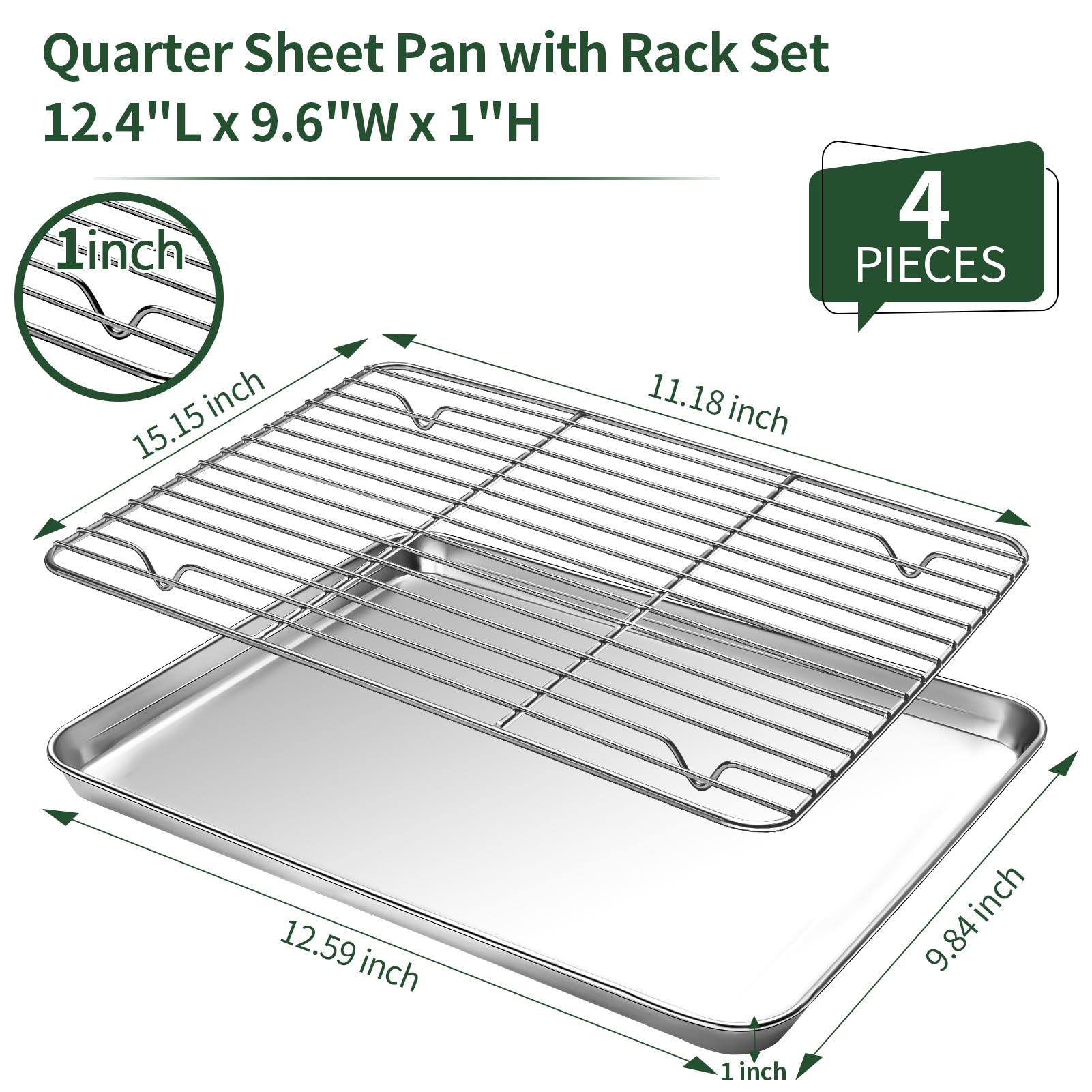 CEKEE Juego de sartenes y hojas de galletas, 4 piezas (2 sartenes+2 estantes) de acero inoxidable antiadherente para hornear media hoja Pan Jelly Roll Pan (12 pulgadas)