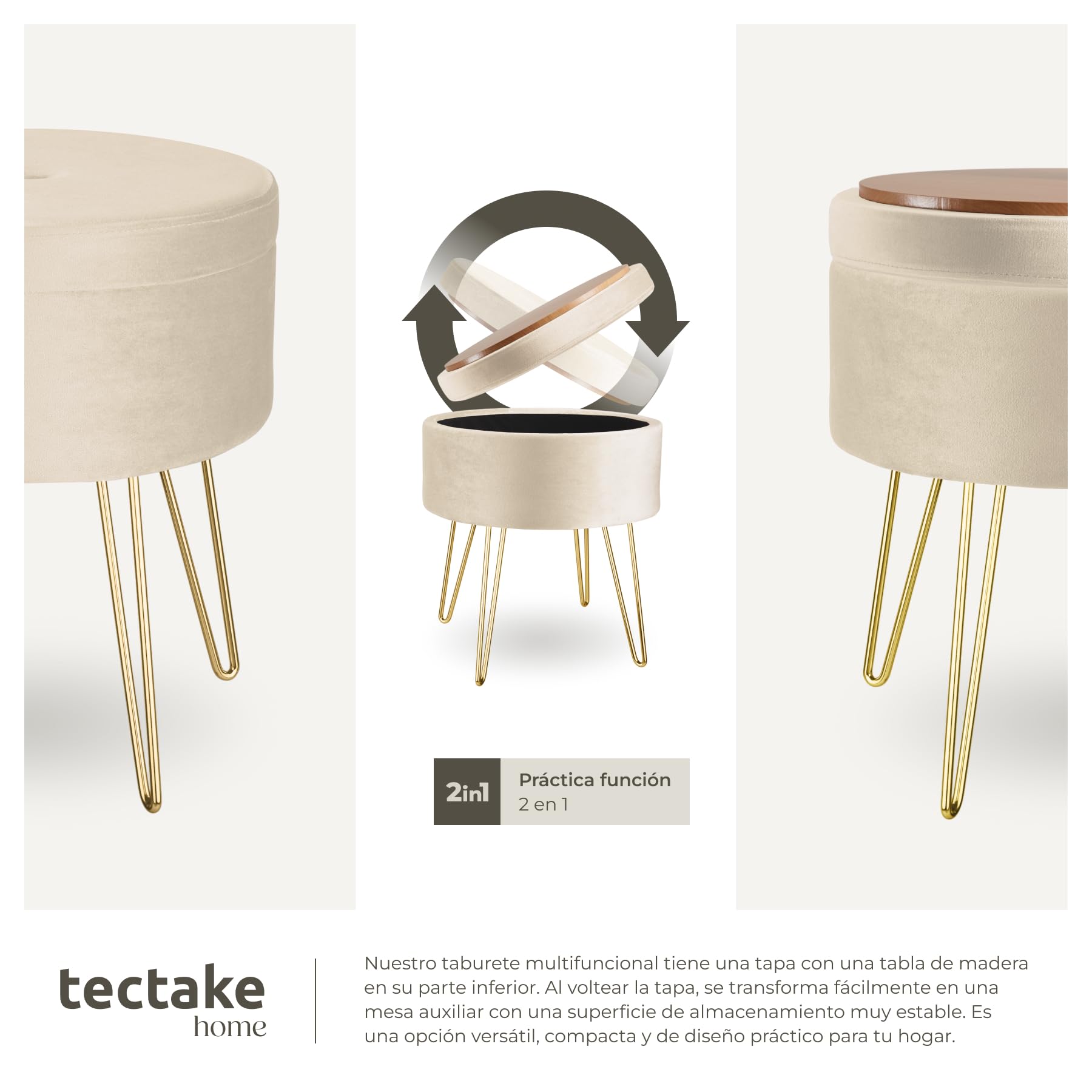 tectake® Elegante Taburete Redondo Aterciopelado con Espacio de Almacenamiento, Capacidad de Carga 300 kg, Mueble Auxiliar Dormitorio, Puff Salon, Taburete Dormitorio, Puff almacenaje - Crema