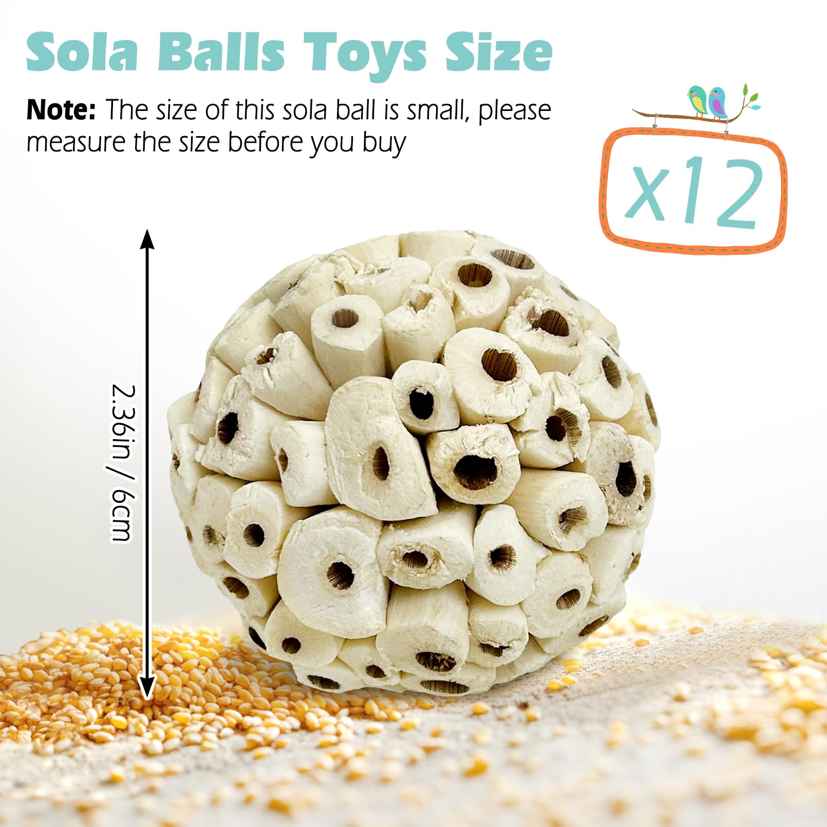 PINVNBY Sola Ball Vogelspielzeug, natürliches weiches Kauspielzeug für Nymphensittiche, Quaker, Papageien, Wellensittiche, Sittiche, Kaninchen, Meerschweinchen, Chinchillas, 12 Stück