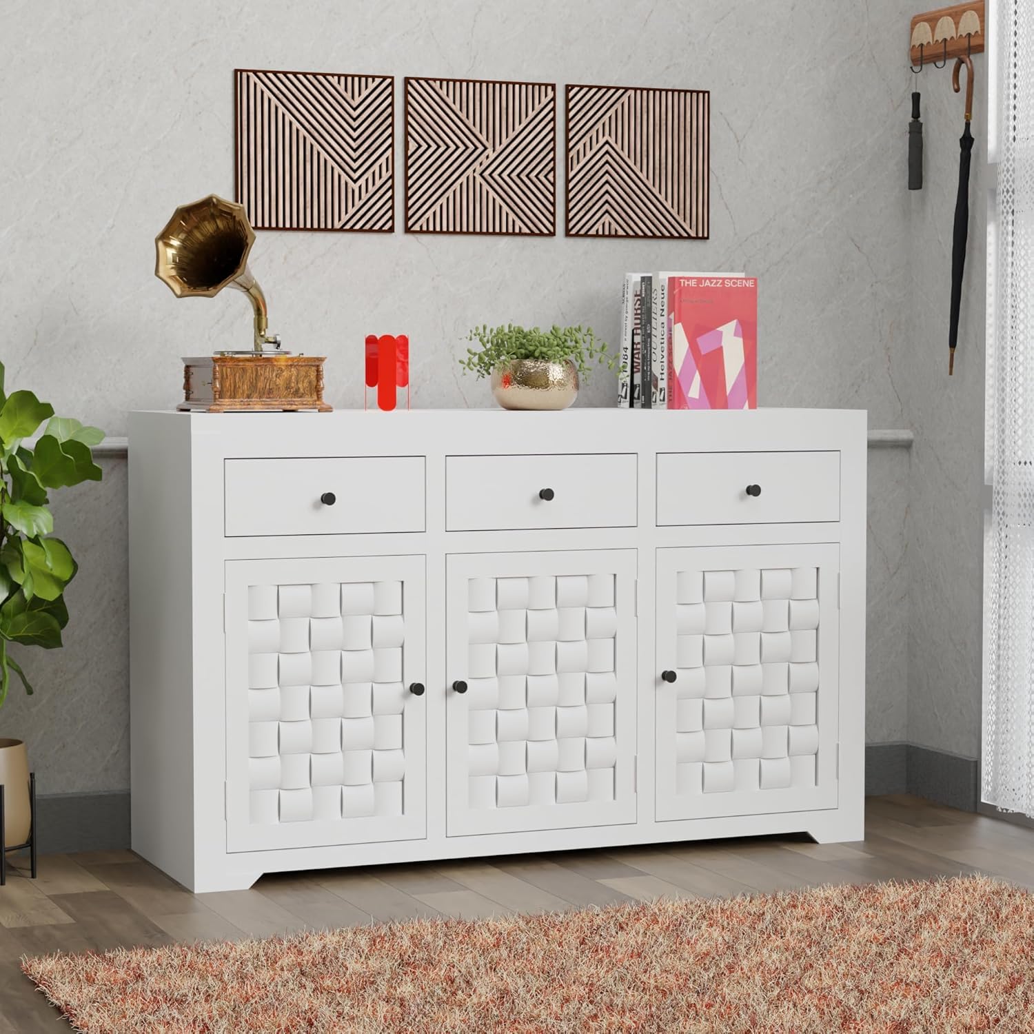 Solid Sheesham Wood Deco White Finish Woven Pattern Chest of Drawer | Storage Organizer Sideboard, Kitchen Cabinet, Cupboard Furniture For Baby Changing Drawers Living, Bed Room, Home & Office-image-42
