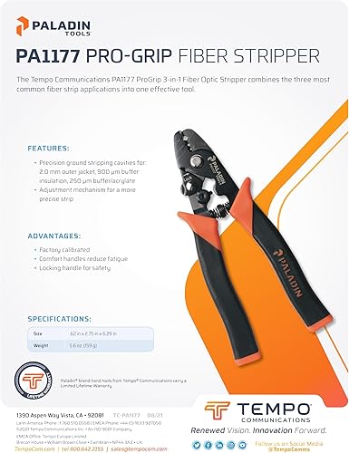 Miniatura 6 de Paladin Tools PA1177 Pro-Grip - Pelacables de fibra óptica 3 en 1, pelador de fibra ajustable de grado profesional