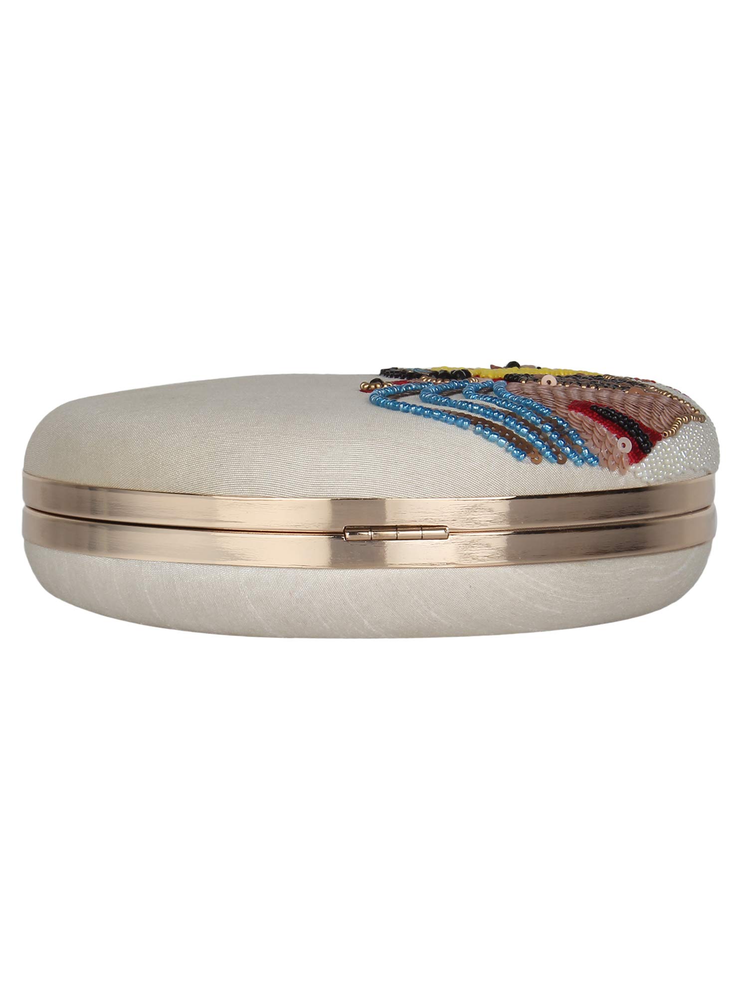 Anekaant Women's Faux Silk Kathak Multicolour Embroidered Round Clutch (White) 4