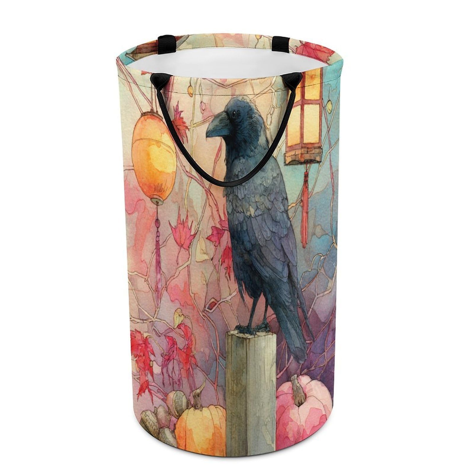 LUYYSKY Vintage Realistic Black Crow Versatile Storage Laundry Basket, Retro Classic Halloween Plant Pumpkin Maple Leaves Animal Raven Large Bathroom Laundry Hamper With Handle-40 CM Dia, 69 CM High
