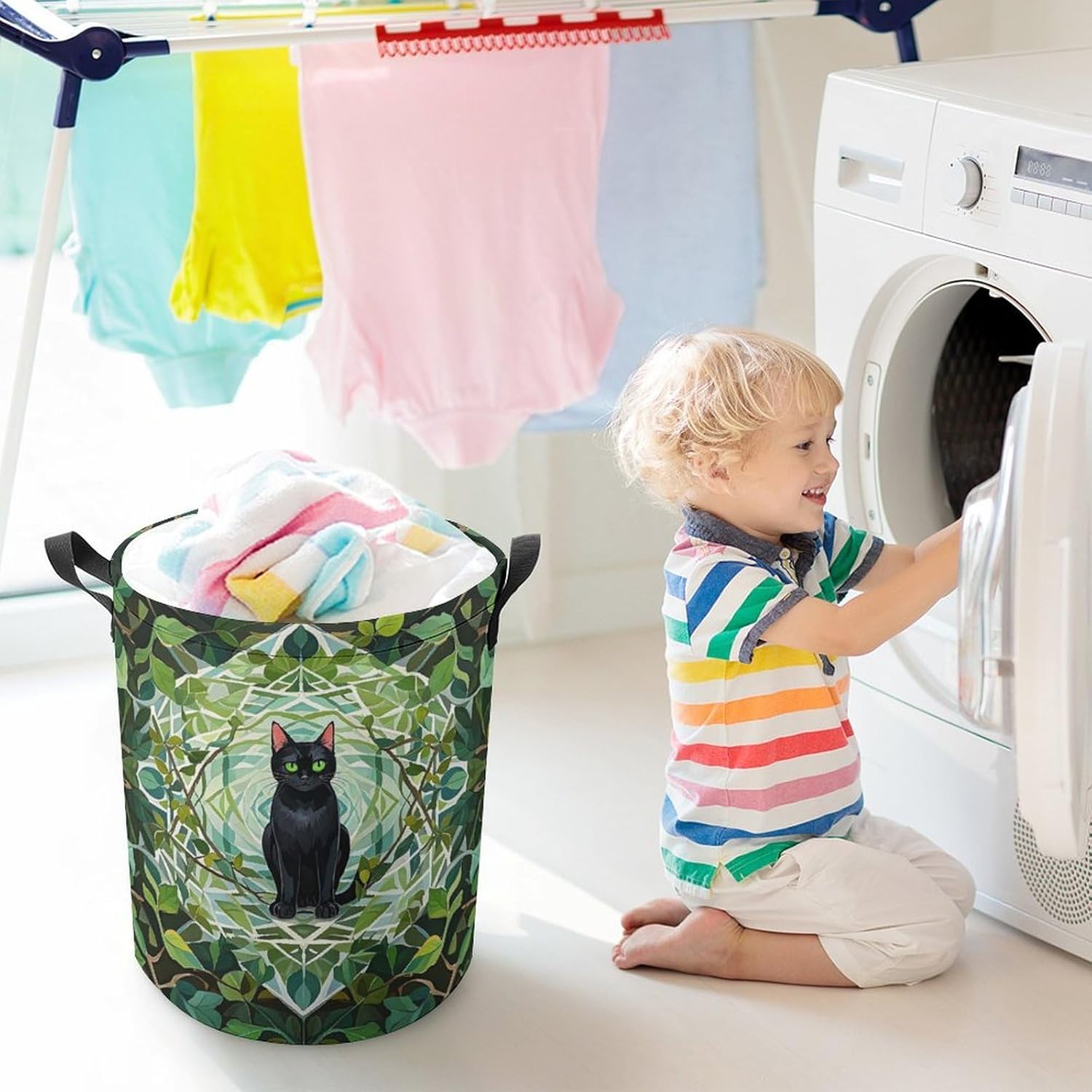 Black Cat Laundry Bag Large Collapsible Laundry Baskets Freestanding Waterproof Clothes Hamper with Handles & Drawstring for Laundry Room Bedroom Bathroom