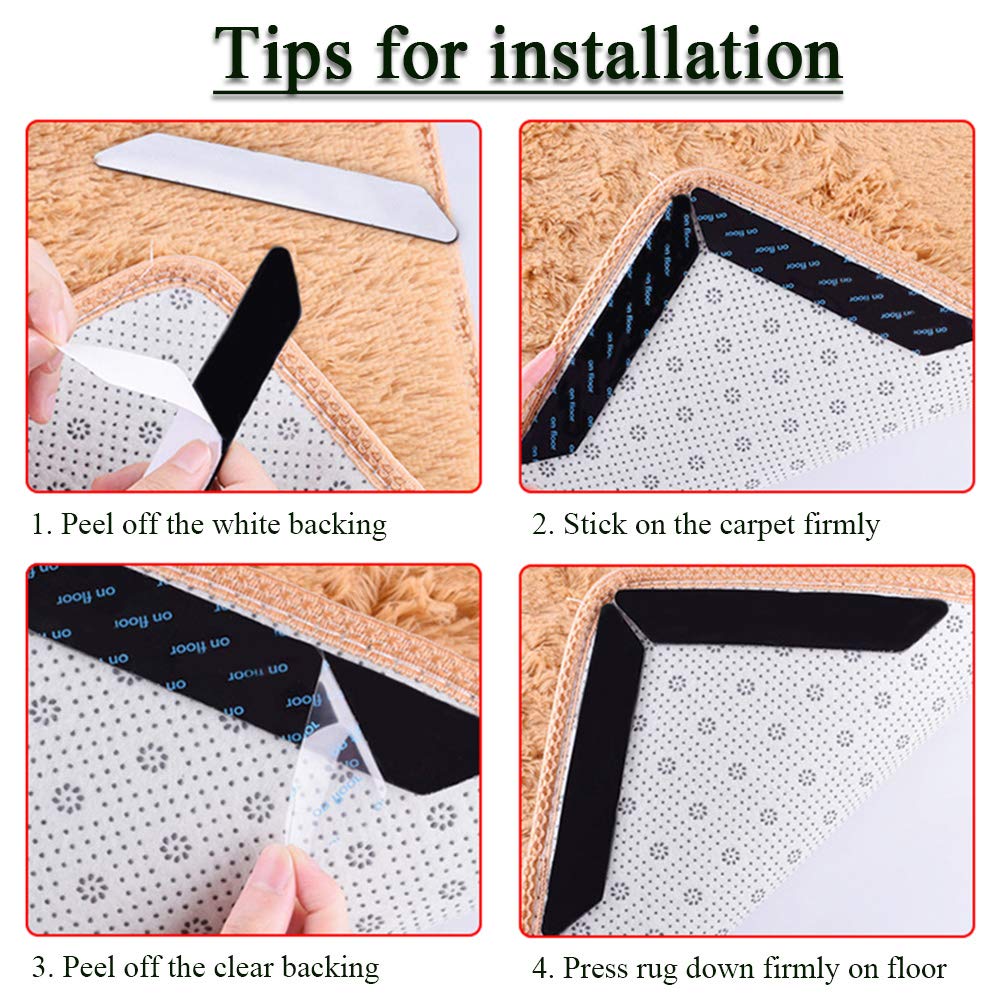 KOUQI Lot De 10 Bandes Adhésives Double Face Anti-frisottis Antidérapantes Réutilisables Et Lavables Pour Sols En Bois Dur, Carrelage, Tapis, Tapis De Sol, Mur (noir