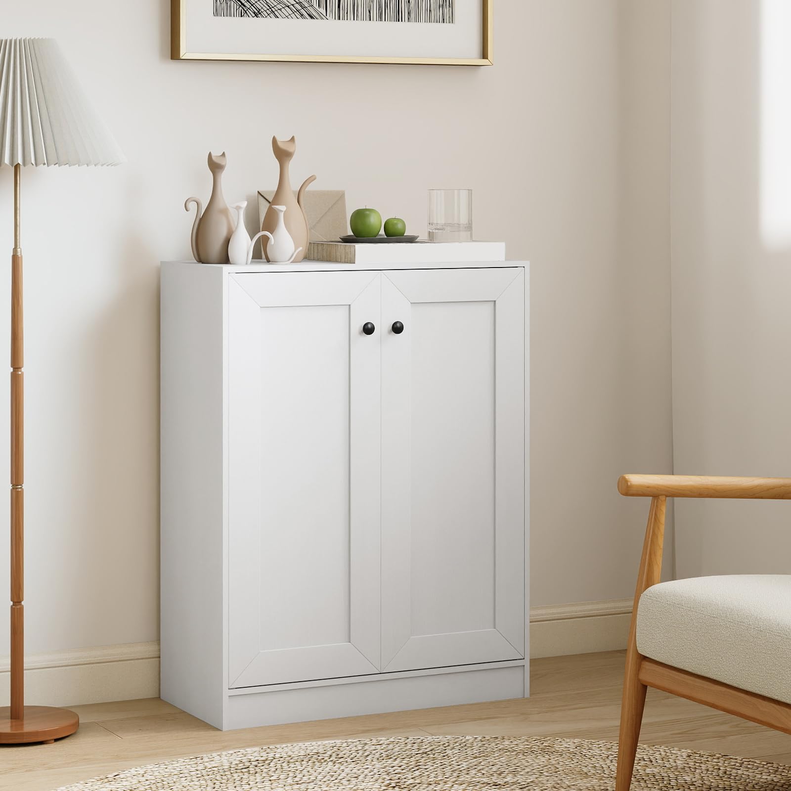 KOMFOTTEU Buffet Bas avec 2 Portes, Meuble Rangement de Cuisine, 3 Niveaux avec 2 Étagères réglables & Kit Anti-basculement, pour Salon, Salle à Manger, Chambre, Entrée, Blanc, 60 x 30 x 80 cm