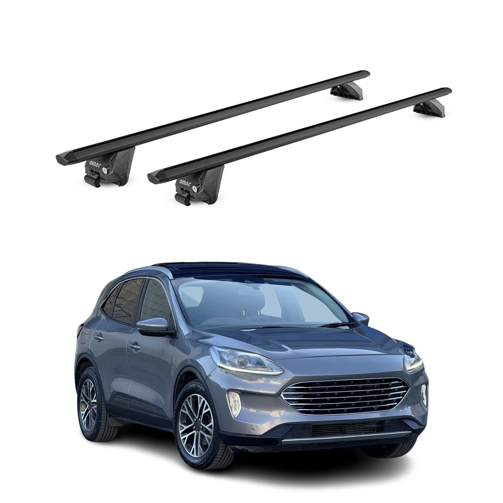 OMAC Dachträger Aluminium TÜV geprüft für Ford Kuga III 2019-2026 – Für integrierte Dachreling – T Nut – Max 100 kg – 2 Schlösser Schwarz