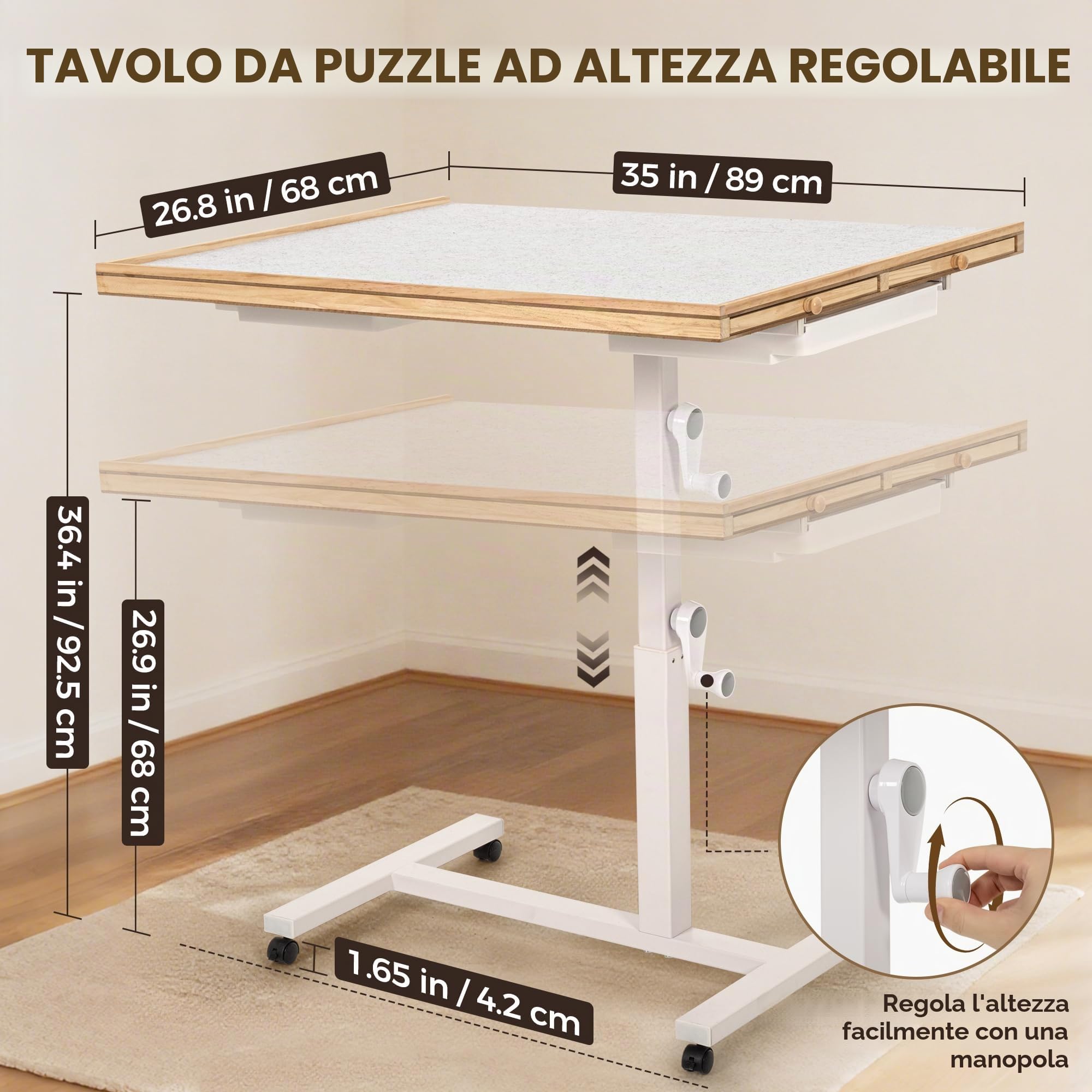 ROPODA Tavolo da Puzzle 1500 pezzi, Tavolo per Puzzle con 6 Cassetti, Copertura e 4 Ruote, Tavola Puzzles Regolabile per Adulti con 4 Angoli di Inclinazione, Puzzles Board in Legno, 89 x 68 cm
