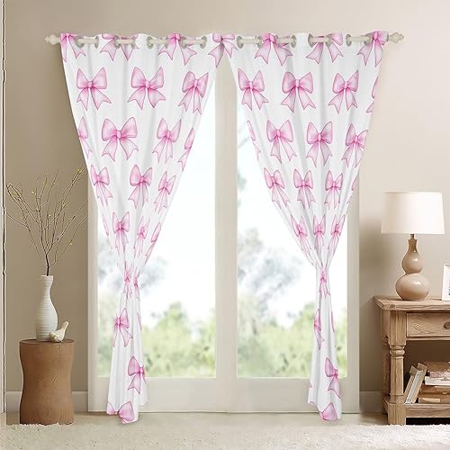 Miniatura 4 de Erosebridal Cortinas opacas Kawaii con nudo de lazo de 76 x 54 pulgadas, cortinas aislantes con lazos simples, lindas cortinas de dibujos animados