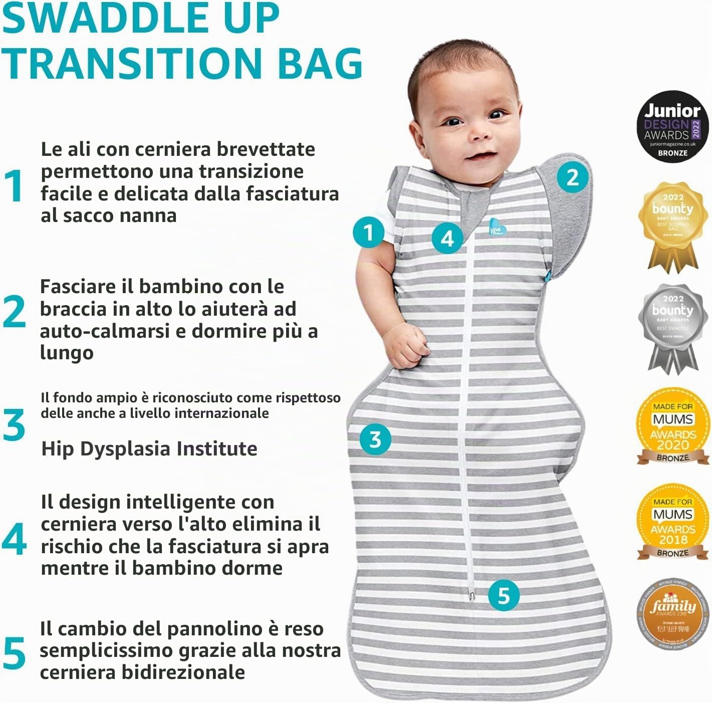 Love To Dream Swaddle UP sacco nanna, taglia grande 8,5-11 kg - Grigio | Vestibilità extra calda con ali rimovibili | 3,5 Tog per autunno e inverno (14–16°C) | Cotone e doppia cerniera
