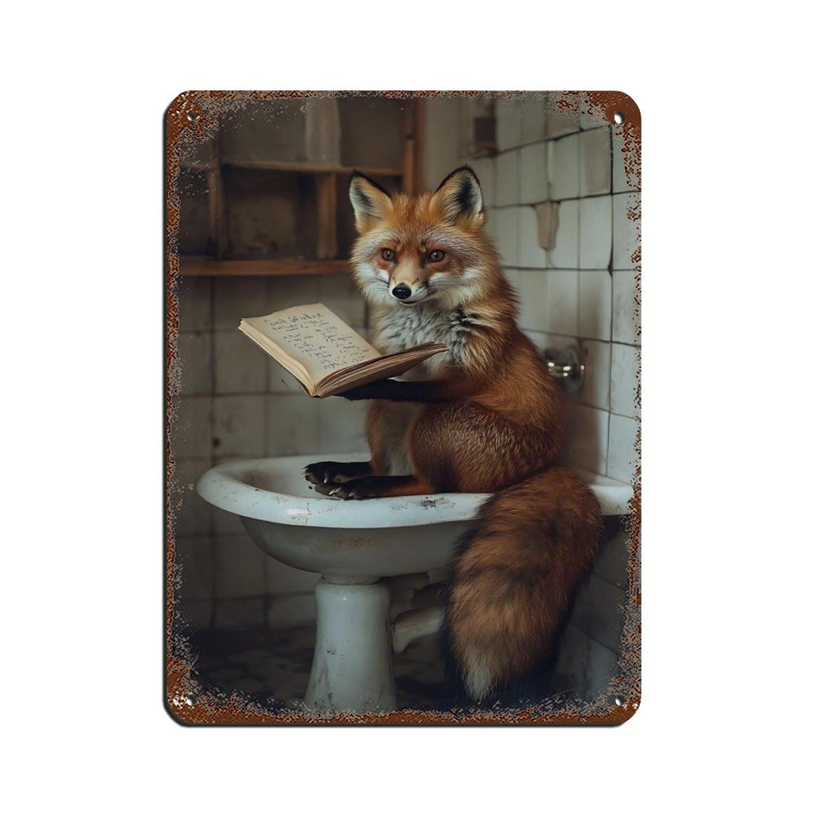 Whimsical Fox Reading in Bathtub Retro Poster Metal Tin Sign Chic Art Retro Iron Painting Bar People Cave Cafe Family Garage Poster Wall Decoration 12x16inch(30x40cm)