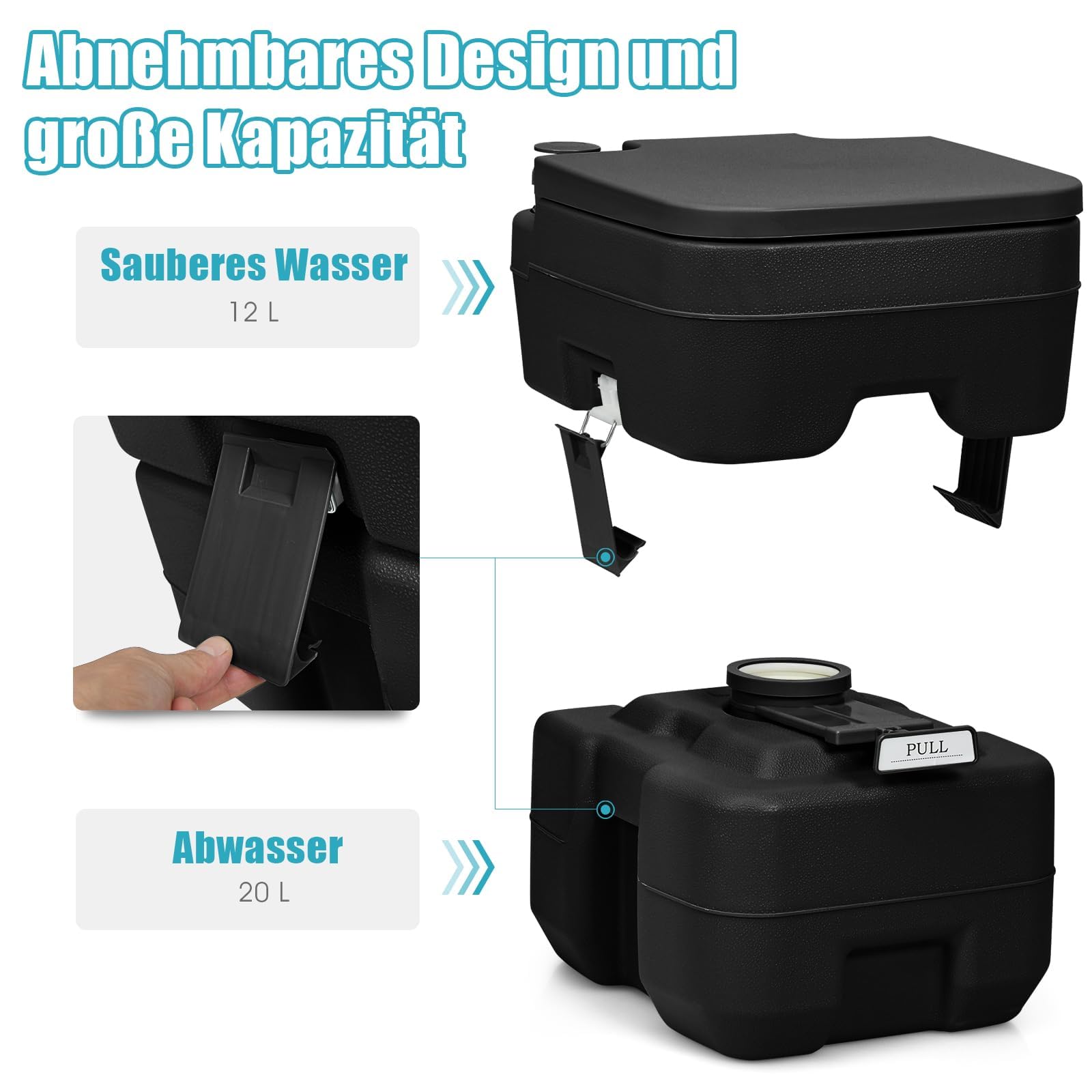 FANTASK 20L Campingtoilette, Reisetoilette tragbar mit abnehmbarem Abwassertank, Mobile Toilette, Campingklo für Reise, Camping und Wohnmobil (Schwarz)
