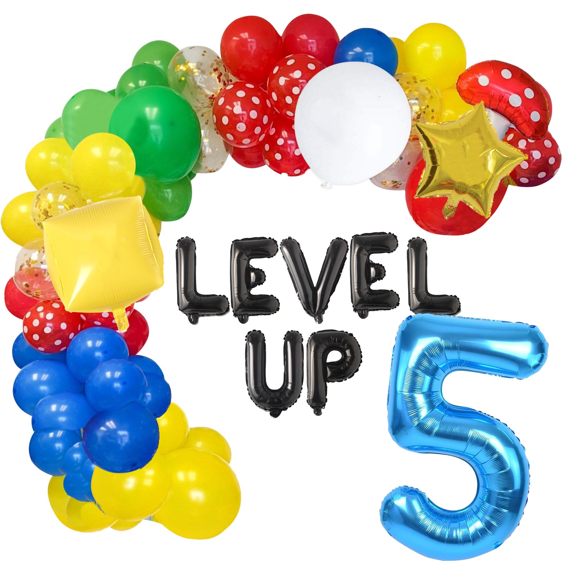 HOMEZZO Video Game 5th Birthday Party Supplies, Level Up Letter Balloons, Boo Balloon, Balloons Arch for Kids 5th Birthday Decorations